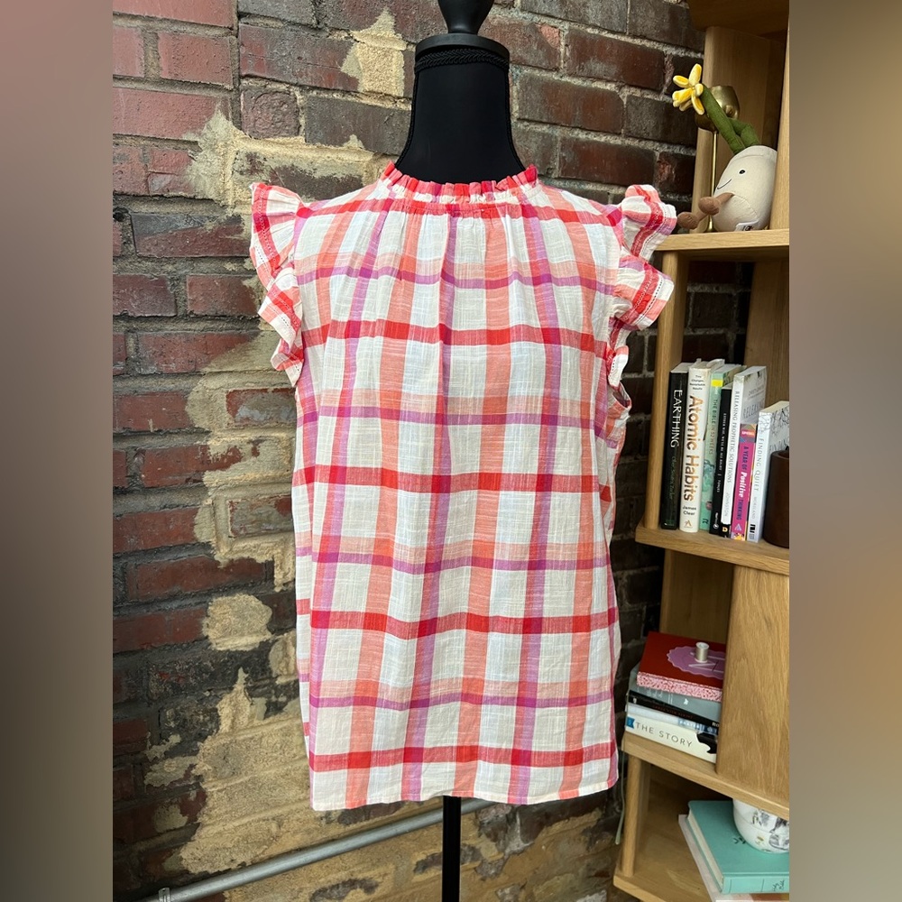 A.N.A Colorful Checkered Blouse with Ruffle Detailing Women’s L - 100% Cotton